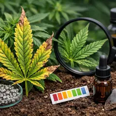 Liść konopi z objawami niedoboru, obok szkło z cynkiem, pipeta z płynem i tester pH.