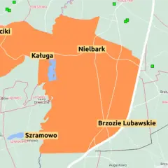 Mapa z zaznaczonymi obszarami zagrożenia ogniska ptasiej grypy w okolicach Szafarni, Kącik i Brzozie Lubawskie.