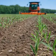 Młode rośliny kukurydzy rosną na polu. W tle pomarańczowa maszyna rolnicza. Gleba wzbogacona wapnem magnezowym.