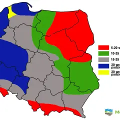 Mapa Polski z kolorowymi strefami, pokazującymi optymalne terminy, kiedy sieje się pszenicę, od wczesnego września do połowy października.