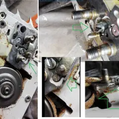 Szczegółowe zdjęcia mechanizmu piły spalinowej, pokazujące elementy do regulacji napięcia łańcucha.
