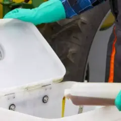 Osoba w rękawiczkach nalewa płyn do białego pojemnika, przygotowując mieszankę do oprysków.