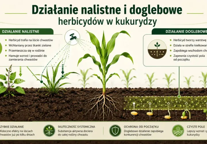 Herbicydy w kukurydzy: nalistne działanie na liście chwastów i doglebowe zapobieganie wschodzeniu. Zapewniają czyste pole i lepszy wzrost roślin.