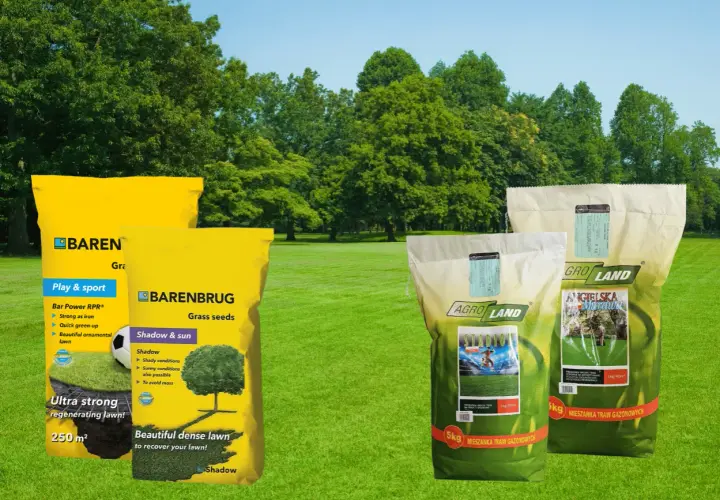 Wybierz jaka trawa na trawnik: Barenbrug "Shadow & sun" dla cienia i słońca, Baren "Play & sport" na regenerację, Agro Land "Stadion" lub "Angielska Murawa".