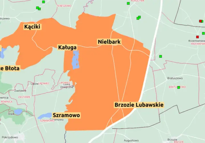 Mapa z zaznaczonymi obszarami zagrożenia ogniska ptasiej grypy w okolicach Szafarni, Kącik i Brzozie Lubawskie.