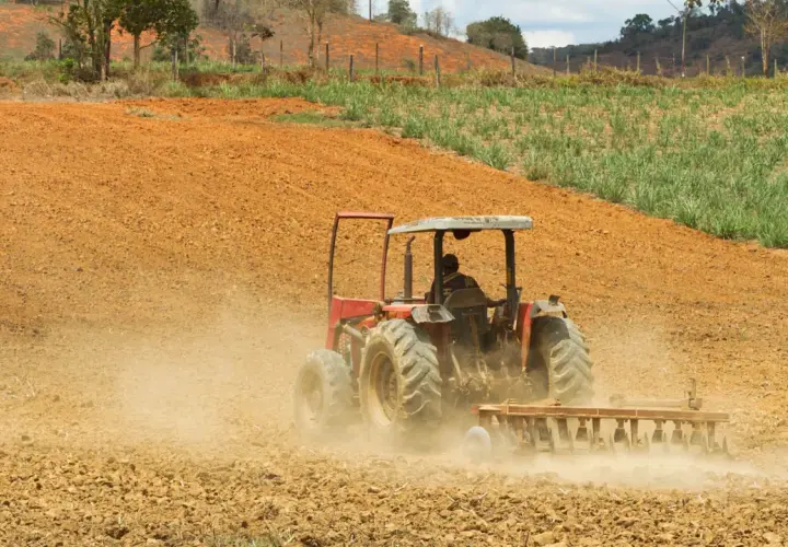 Czerwony traktor z pługiem orze ziemię, wzbijając kurz. To obraz rolnictwa regeneratywnego, przygotowującego glebę do nowego życia.