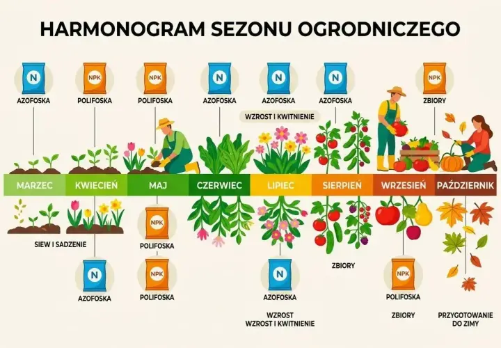 Harmonogram sezonu ogrodniczego z planem nawozowym: od siewu w marcu po przygotowanie do zimy w październiku, z zastosowaniem nawozów Azofoska i Polifoska.