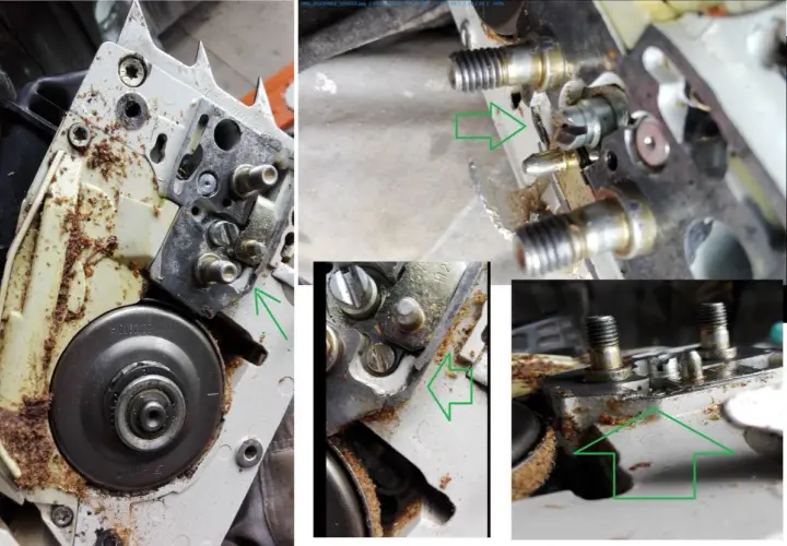 Szczegółowe zdjęcia mechanizmu piły spalinowej, pokazujące elementy do regulacji napięcia łańcucha.
