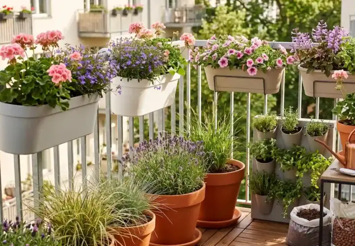 Kwiaty na zachodni balkon: różowe pelargonie, fioletowa lobelia i lawenda tworzą barwną kompozycję.