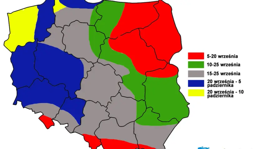 Mapa Polski z terminami siewu pszenicy ozimej. Różne kolory oznaczają terminy od 5 września do 10 października.