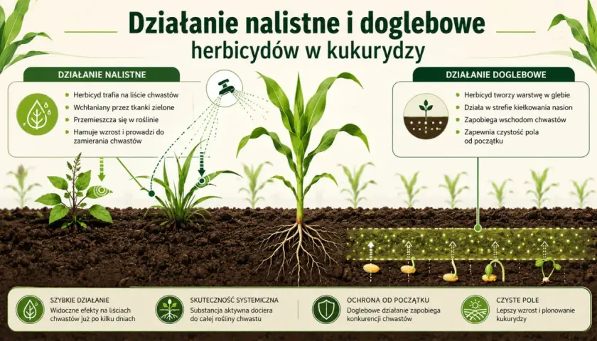 Herbicydy w kukurydzy: nalistne działanie na liście chwastów i doglebowe zapobieganie wschodzeniu. Zapewniają czyste pole i lepszy wzrost roślin.