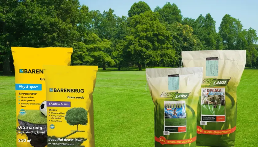 Wybierz jaka trawa na trawnik: Barenbrug "Shadow & sun" dla cienia i słońca, Baren "Play & sport" na regenerację, Agro Land "Stadion" lub "Angielska Murawa".