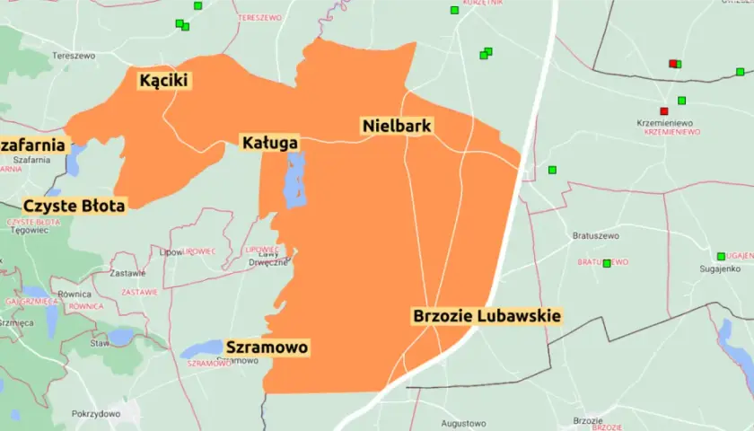 Mapa z zaznaczonymi obszarami zagrożenia ogniska ptasiej grypy w okolicach Szafarni, Kącik i Brzozie Lubawskie.