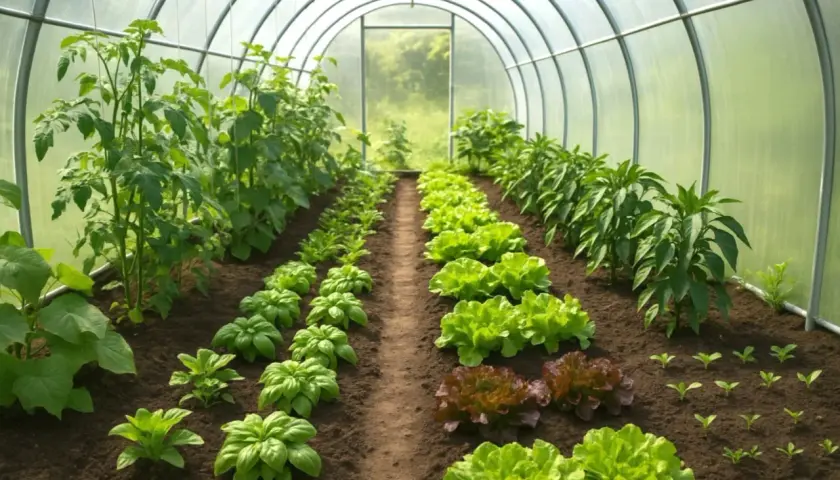 W tunelu foliowym rosną pomidory, sałata, bazylia i papryka. Idealne miejsce, by dowiedzieć się, co sadzić w tunelu foliowym.