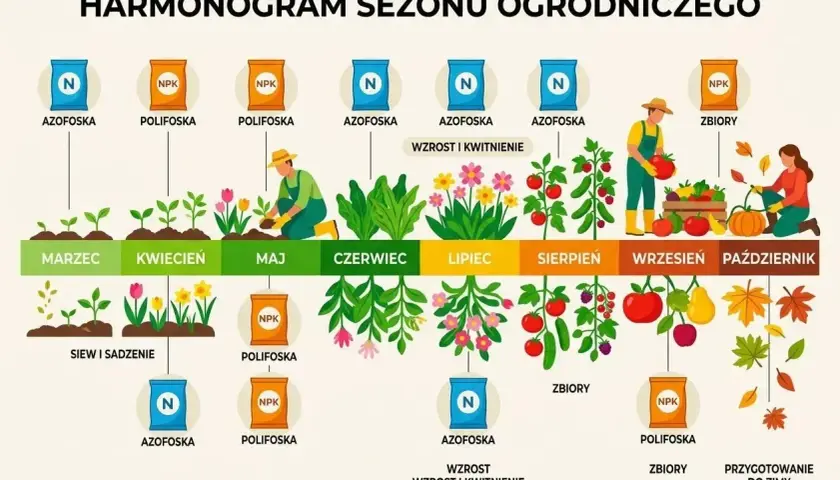 Harmonogram sezonu ogrodniczego z planem nawozowym: od siewu w marcu po przygotowanie do zimy w październiku, z zastosowaniem nawozów Azofoska i Polifoska.