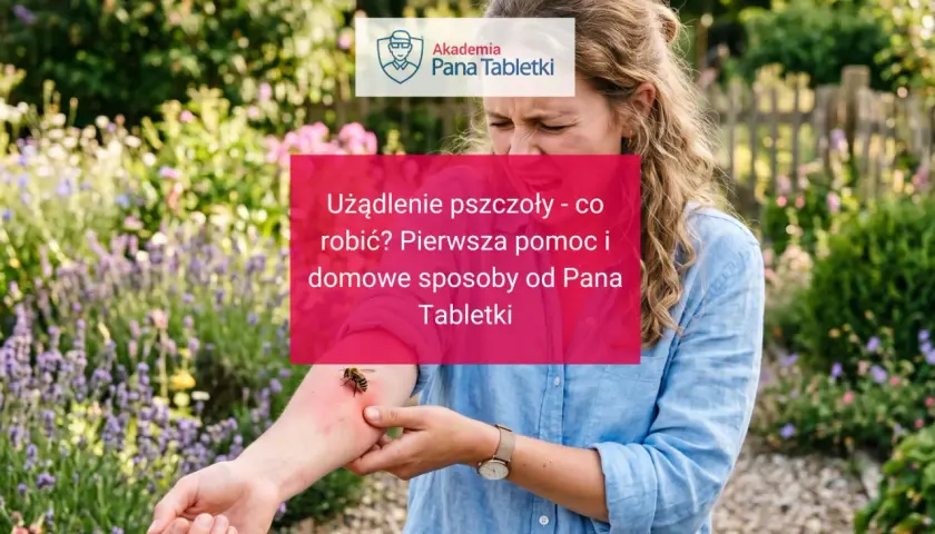 Kobieta z grymasem bólu na twarzy po użądleniu pszczoły w rękę. Na czerwonym tle napis "Użądlenie pszczoły - co robić?".
