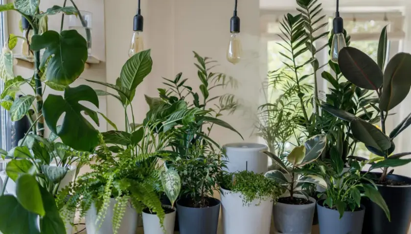 Letnie kompozycje kwiatowe w donicach tworzą zieloną oazę. Wśród nich monstera, paproć i figowiec.