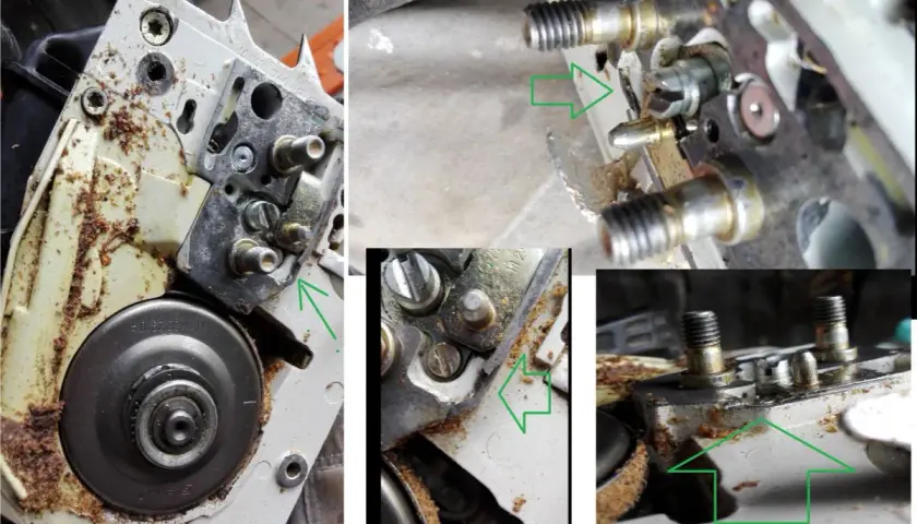 Szczegółowe zdjęcia mechanizmu piły spalinowej, pokazujące elementy do regulacji napięcia łańcucha.