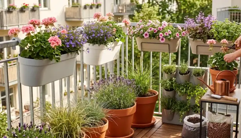 Kwiaty na zachodni balkon: różowe pelargonie, fioletowa lobelia i lawenda tworzą barwną kompozycję.