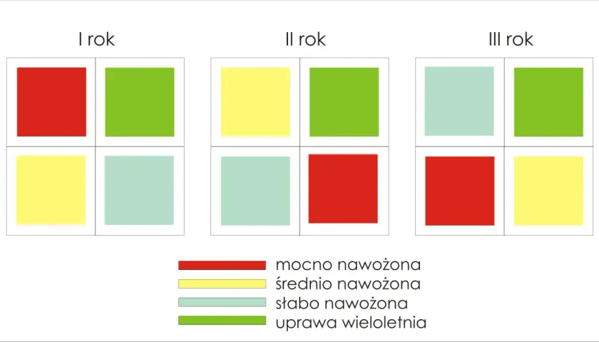 Płodozmian zbożowy-tabela: schemat zmian nawożenia i upraw przez 3 lata. Kolory oznaczają: mocno nawożona, średnio, słabo, uprawa wieloletnia.