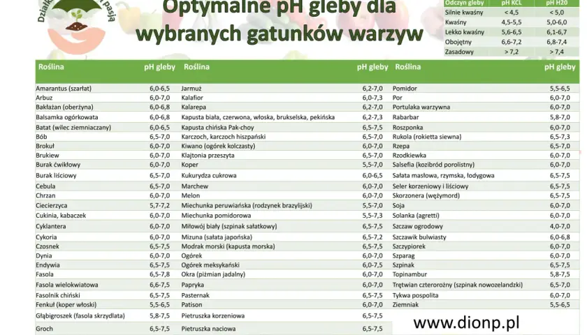 Tabela pH gleby dla zbóż i warzyw. Znajdziesz tu optymalne pH gleby dla wielu gatunków roślin, np. pomidora, cebuli czy grochu.