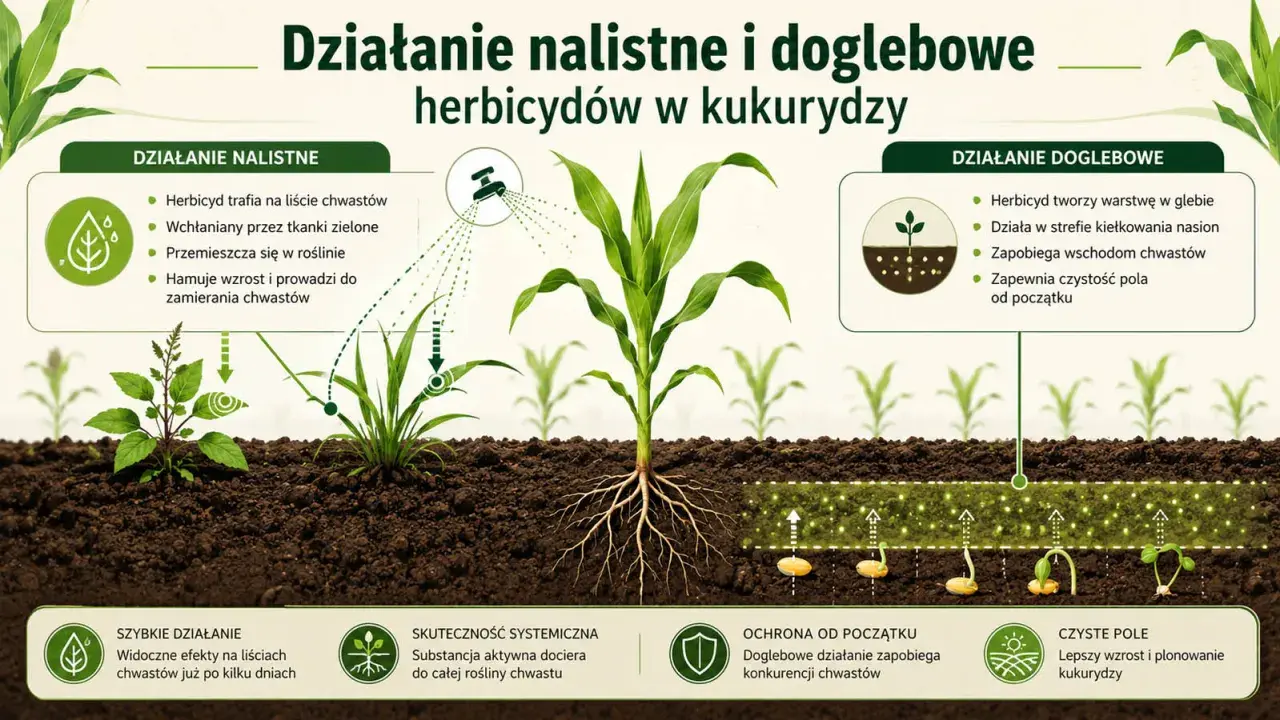 Herbicydy w kukurydzy: nalistne działanie na liście chwastów i doglebowe zapobieganie wschodzeniu. Zapewniają czyste pole i lepszy wzrost roślin.