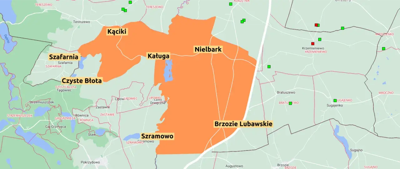Mapa z zaznaczonymi obszarami zagrożenia ogniska ptasiej grypy w okolicach Szafarni, Kącik i Brzozie Lubawskie.