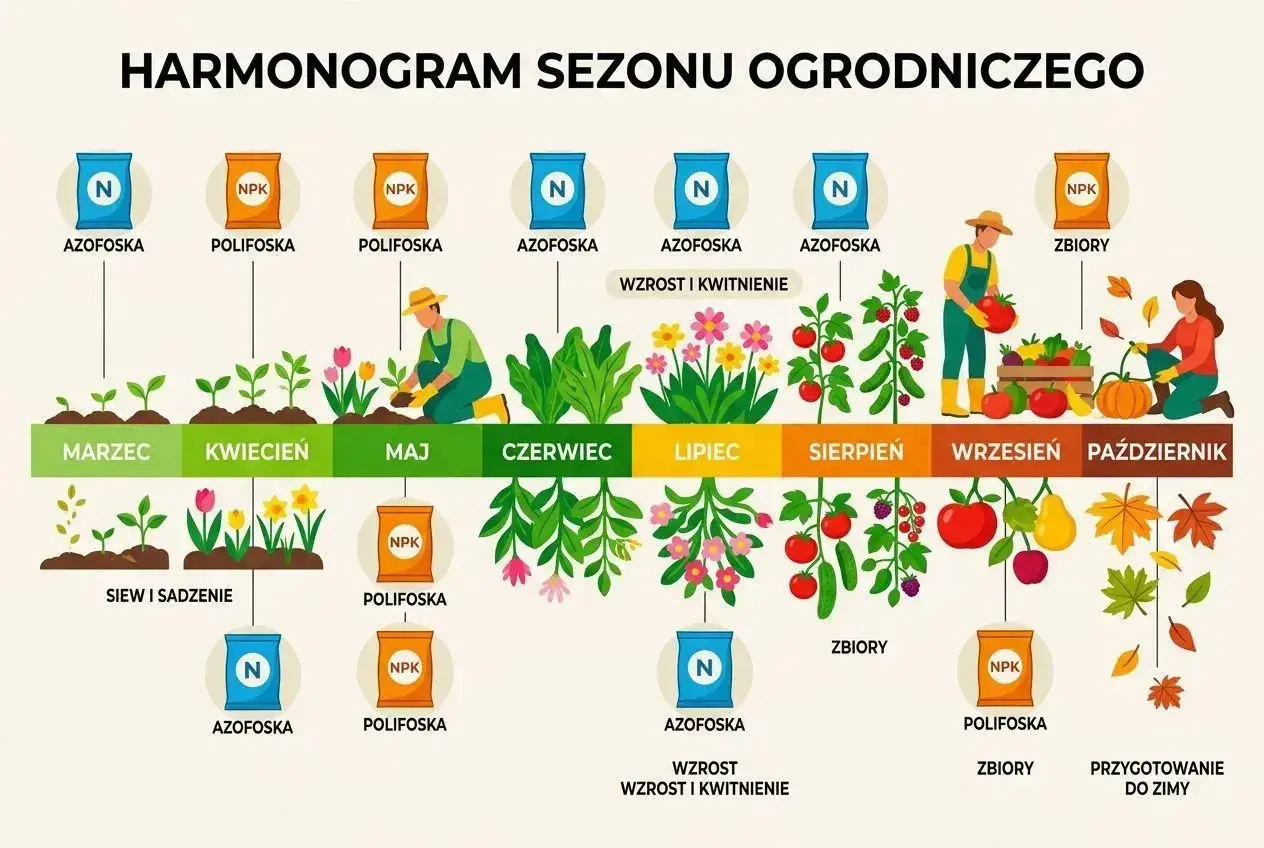 Harmonogram sezonu ogrodniczego z planem nawozowym: od siewu w marcu po przygotowanie do zimy w październiku, z zastosowaniem nawozów Azofoska i Polifoska.