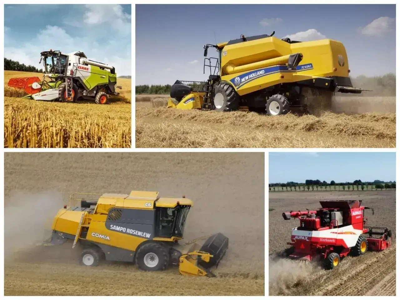 Kombajny zbożowe w akcji: Claas, New Holland, Sampo Rosenlew i Aupax. Nawet najmniejszy kombajn zbożowy to potężna maszyna.