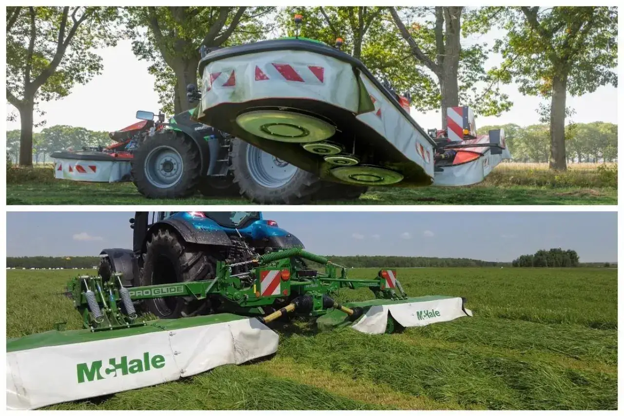 Traktor z kosiarką bębnową McHale PRO GLIDE pracuje na polu. Kosiarka bębnowa z tarczami tnącymi.