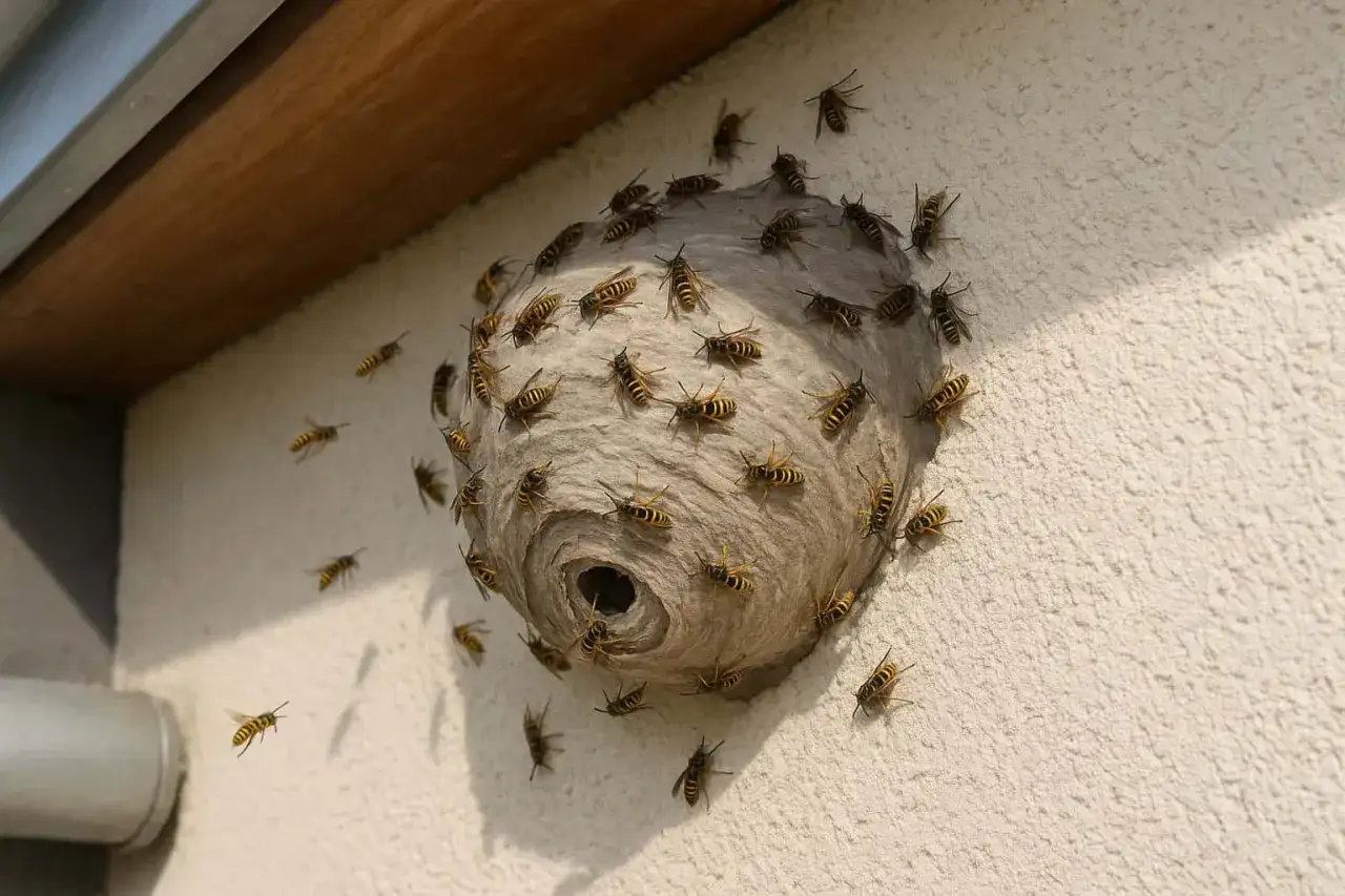 Duże, papierowe gniazdo os, z wieloma owadami krążącymi wok&oacute;ł i siedzącymi na nim.